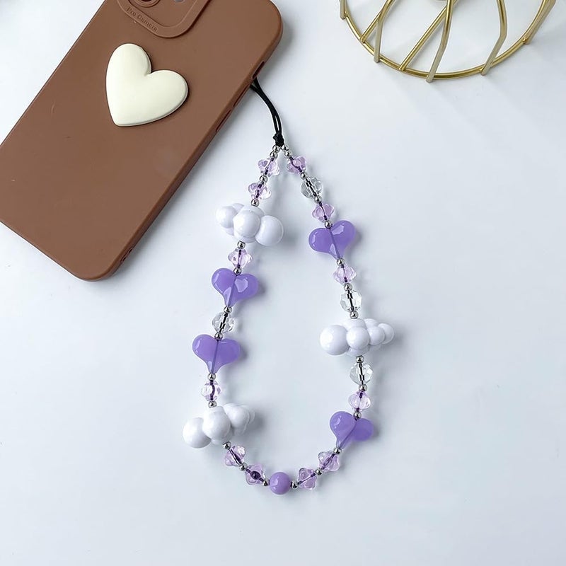 WCCH Beaded Phone Charm Y2K Kawaii Handmade Acrylic Phone Lanyard Wrist Strap for Camera Bag Airpods Keychain Charm Purple Heart with White Clouds - Image 2